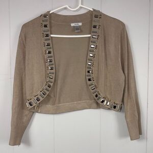 Cache Vintage Y2K Tan Beaded Crop Cardigan Large Workwear Casual Old Money